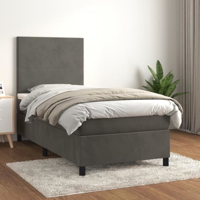 3142882 vidaXL Divan Bed and Mattress Dark Grey 90x200 Cm Velvet