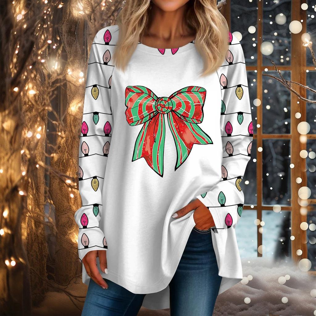 Женская повседневная футболка больших размеров с длинными рукавами и круглым вырезом с рождественским принтом, топ, пуловер