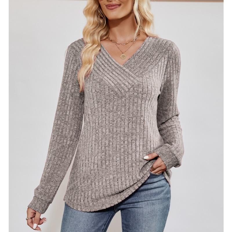 INDFS Женская мода Повседневный однотонный принт Весна Осень Длинные рукава V-образный вырез Пуловеры и длинные рукава