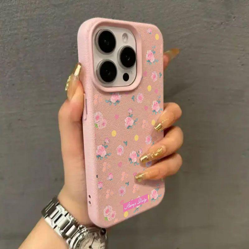 Чехол с цветочным узором и текстурой личи для Apple iPhone 15, 16, 17 Pro Max, мягкий чехол