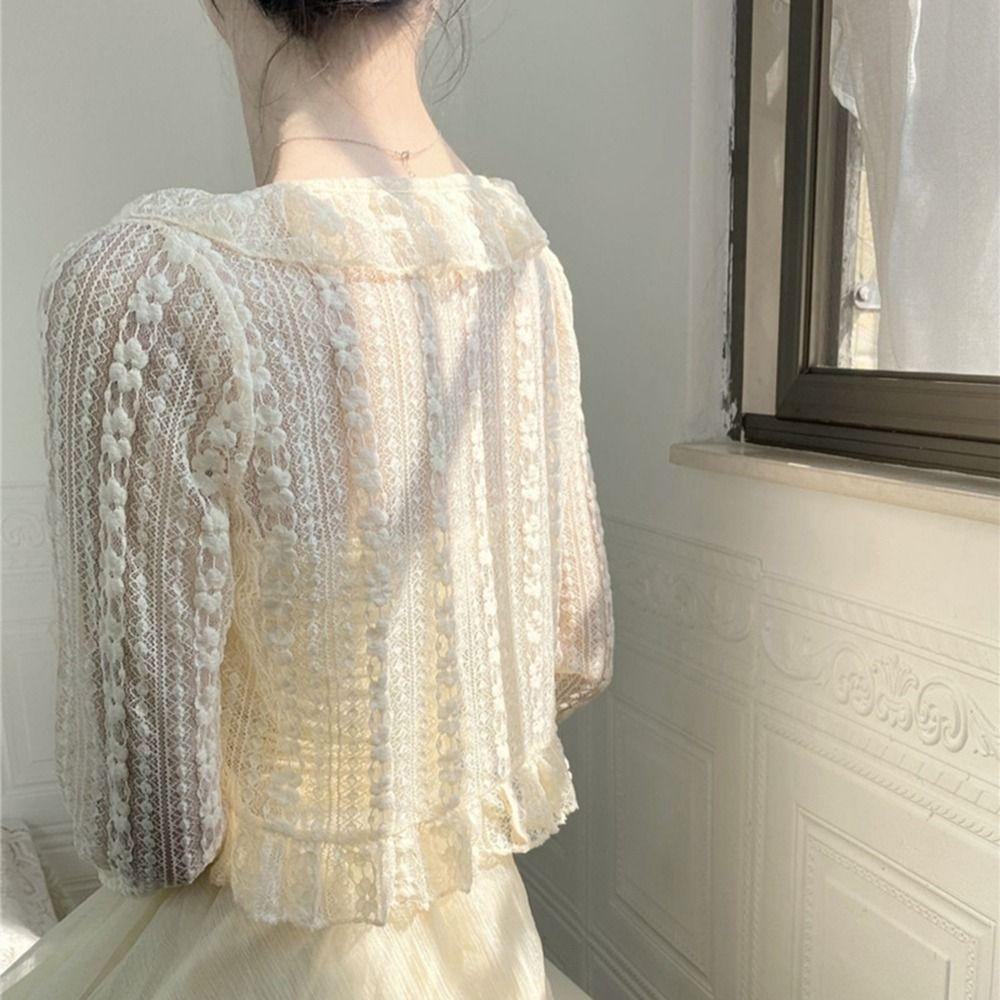 Chiffon Long Sleeves Ruffle Scarves Short Top Coat Lace Cardigan Korean Style Shawl Sunscreen Shawl
