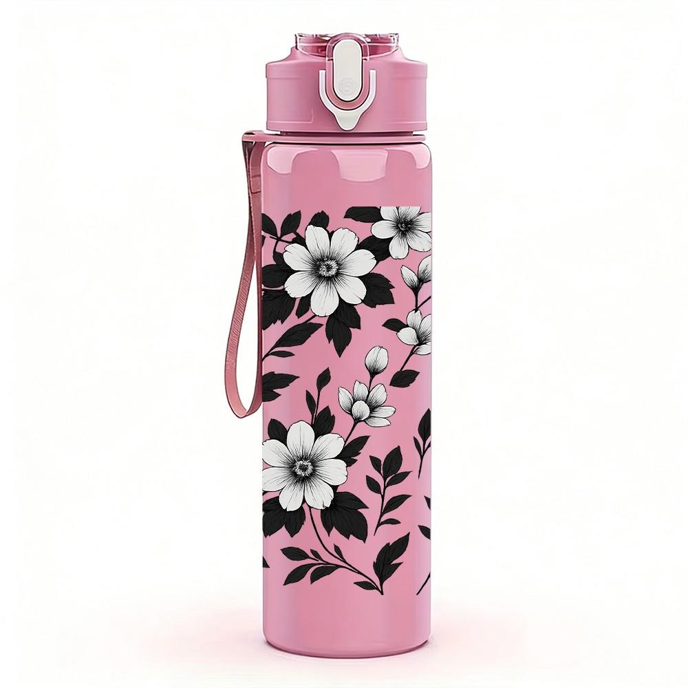 1PC Black White Wild Daisy Floral 750ml Color Plastic Sports Water Bottle Leakproof Flip Straw Lid For Sports Office Home Use
