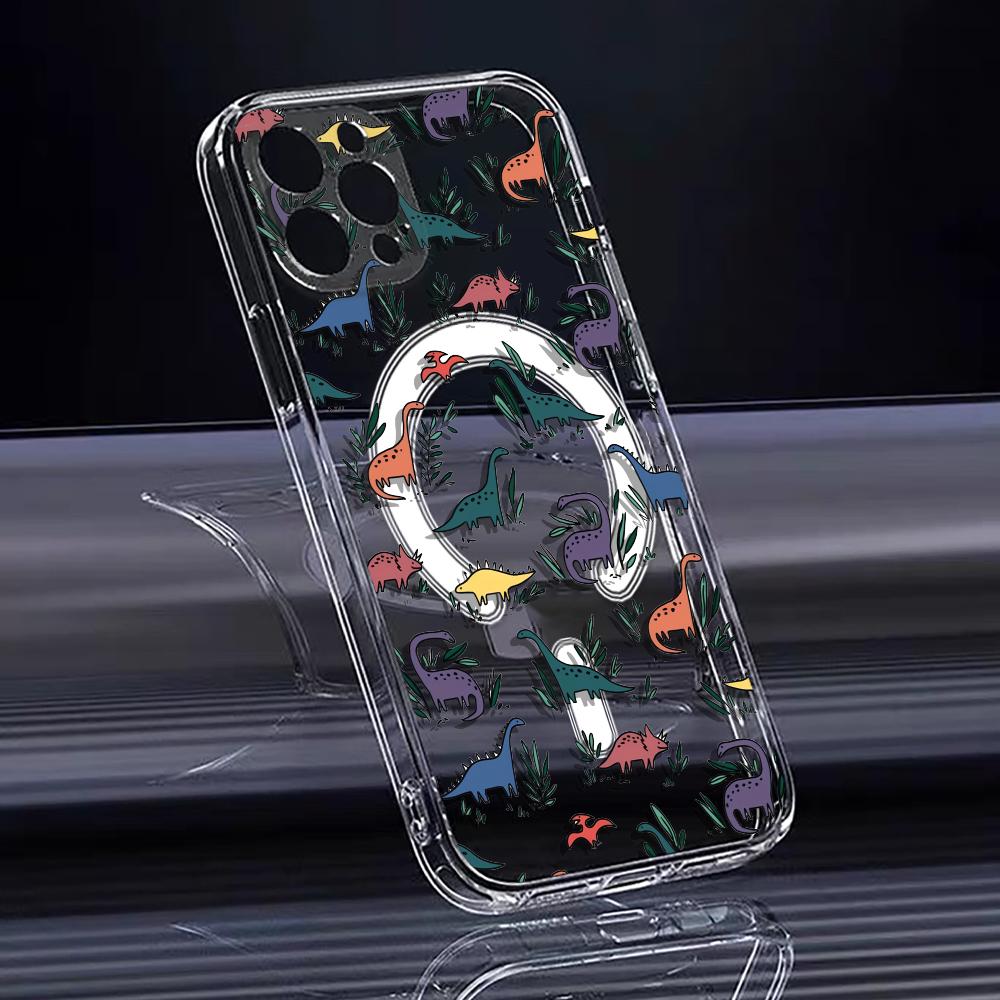 Мультяшные динозавры Милый чехол для телефона для iPhone 17 16 15 14 13 12 Pro Max Plus С магнитным Кристально прозрачный чехол Беспроводная зарядка