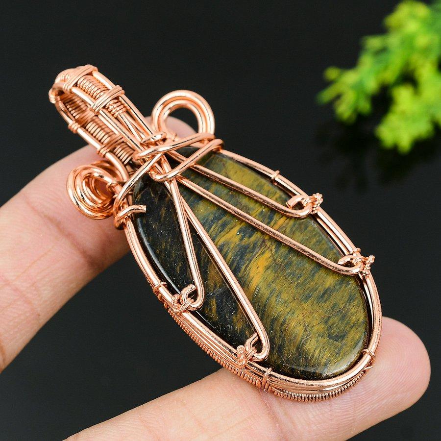 Тигровый глаз Ручная работа Медная проволока Обертка Ювелирный кулон 2.76 Z9A42