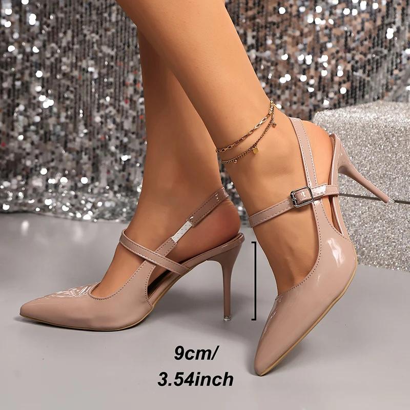 Fashion Elegant Summer Slingback Sandals for Women Pointed Toe Stiletto Heel Banquet Dress Shoes Woman Patent Leather High Heels Pumps