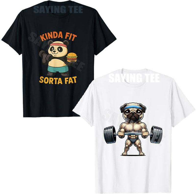 Kinda Fit Sorta Fat Funny Gym Cute Panda Retro TShirt Fitness Muscle Pug Weightlifting Dog Cartoon Tee Novelty Gift Y2k Cotton