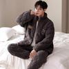 2 Pcs/Set Men Pajamas Set Round Neck Thick Sleepwear Set Loose Elastic Waist Warm Male Homecoat Set Men Homewear Top Pants Sets