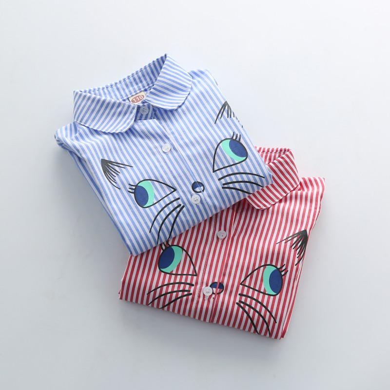 Children Turn-down Collar Embroidery Cartoon Cat Pattern Long Sleeve Shirts Blouse Outfits