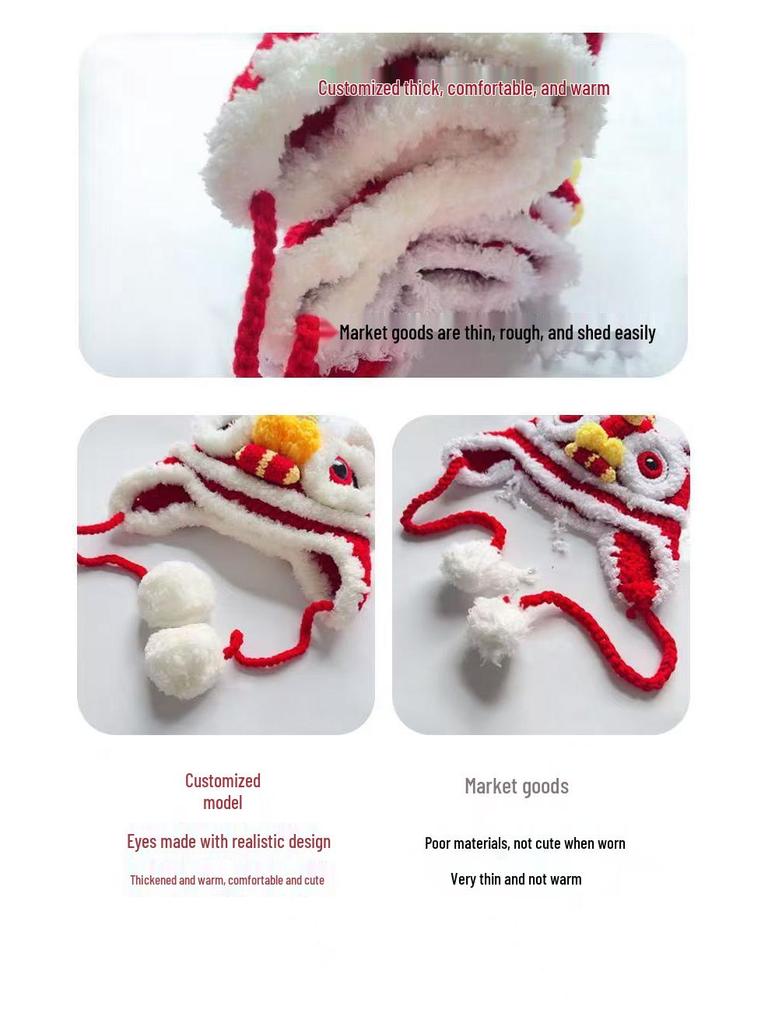 Lion Dance Parent-Child Wool Hat: Cute, Hand-Knitted, Warm Tiger Head for Autumn & Winter, Child & Adult Sizes.