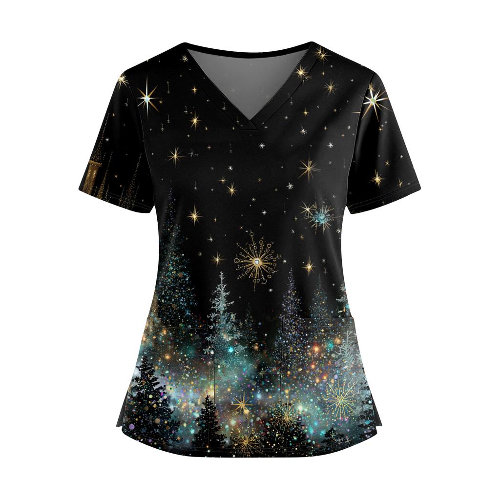 Женский рождественский топ с принтом, V-образным вырезом, двумя карманами, короткими рукавами, разрезом по подолу, униформа для сиделки