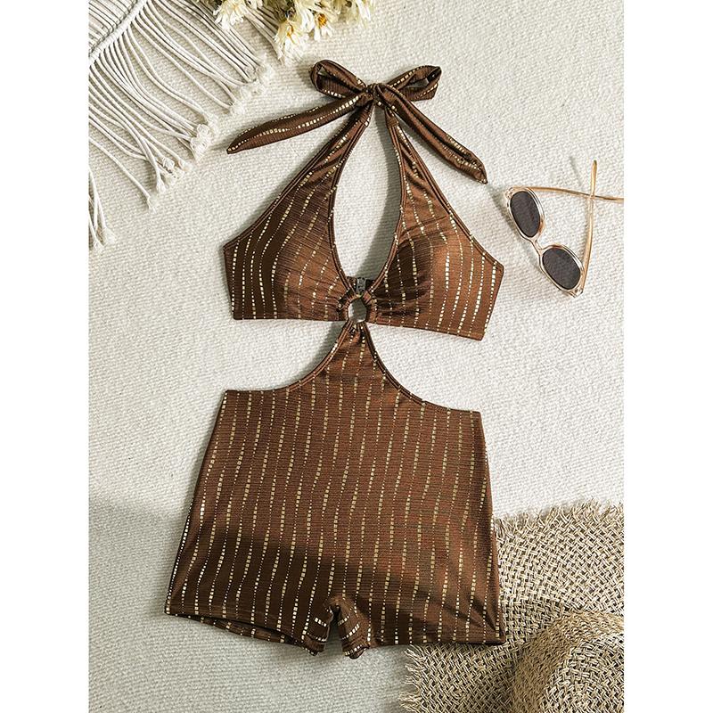 Sexy Brown Shiny Halter Backless Swimwear One Piece Swimsuit Women Shorts Bathing Swimming Suit Metal Ring