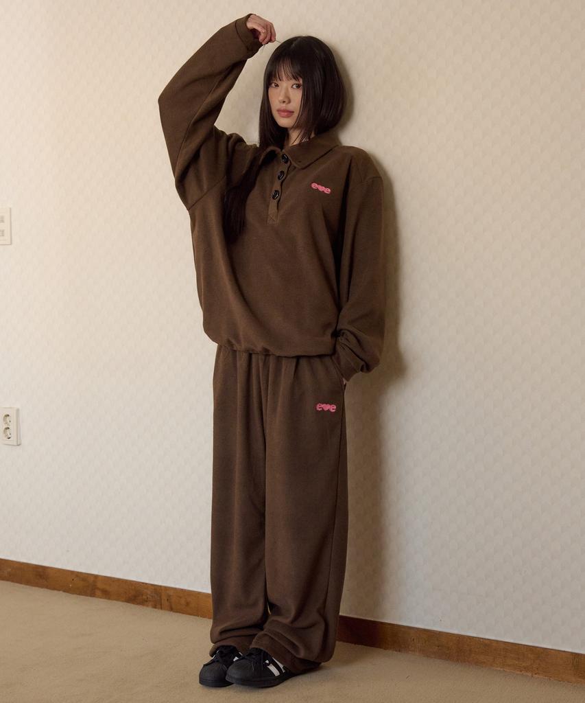 AMBLER Love, Cozy Embroidered Fleece Wide Sweatpants Ap906 (Brown)