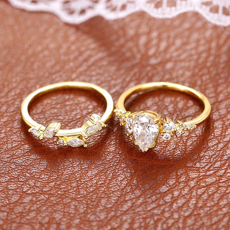 Huitan Pear Cubic Zirconia 2Pcs Set Rings for Women Gold Color Aesthetic Bridal Wedding Rings Party Temperament Female Jewelry