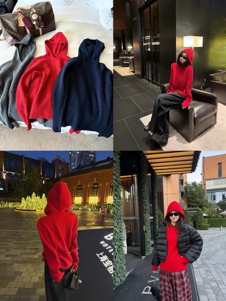 Red Wool Hooded Sweater for Women: New Year's, Christmas, Autumn/Winter Essential, Solid Color, Ribbed Knit.