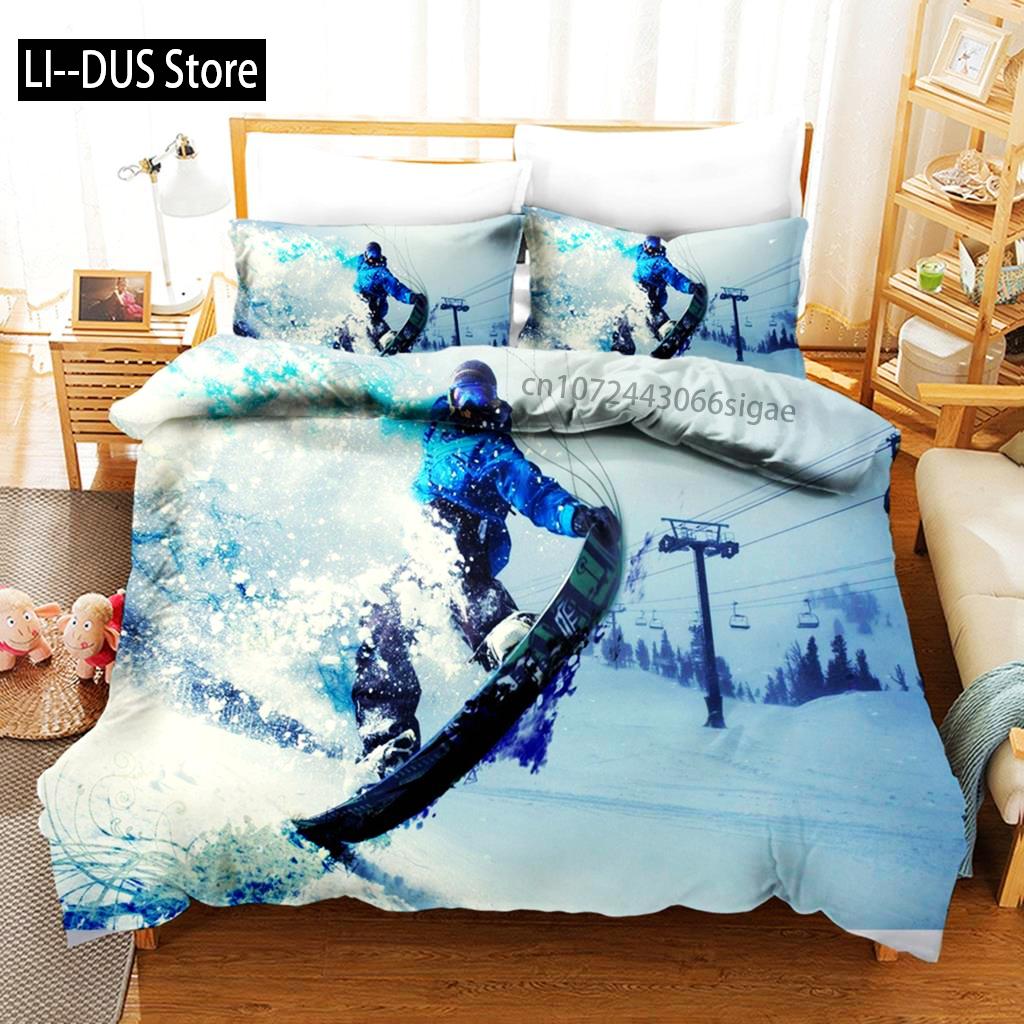 Пододеяльник для лыжного спорта из микрофибры с изображением экстремальных видов спорта, комплект постельного белья для зимних видов спорта, лыжи, снег, горный пейзаж, двуспальная кровать, королева, пододеяльник