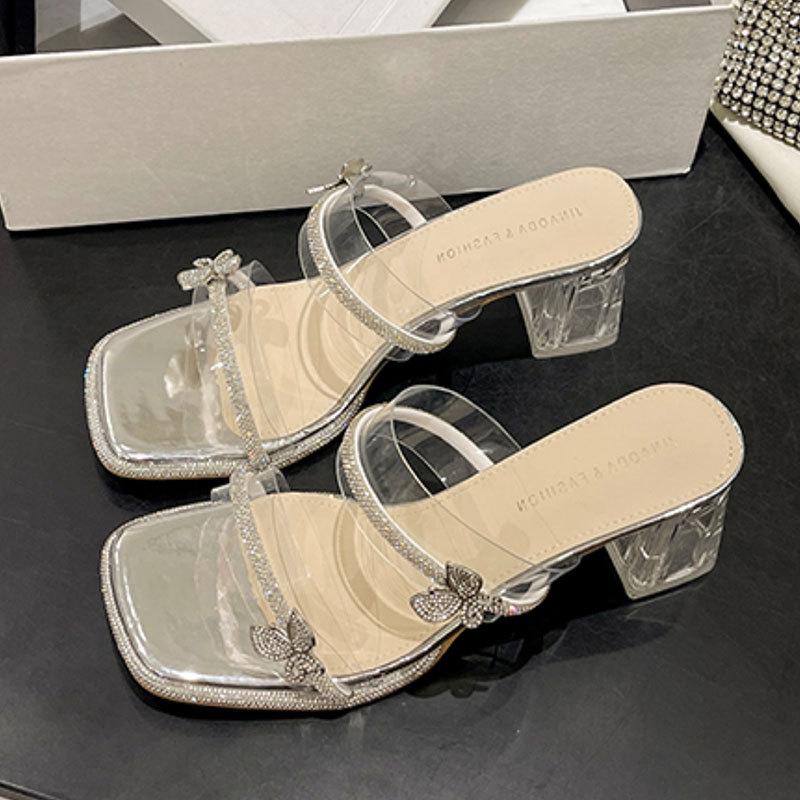 Fairy Wind High-heeled Slippers Female Summer Wear 2025 New Transparent Rhinestone One-word Drag Crystal Thick-heeled Cool Slippers
