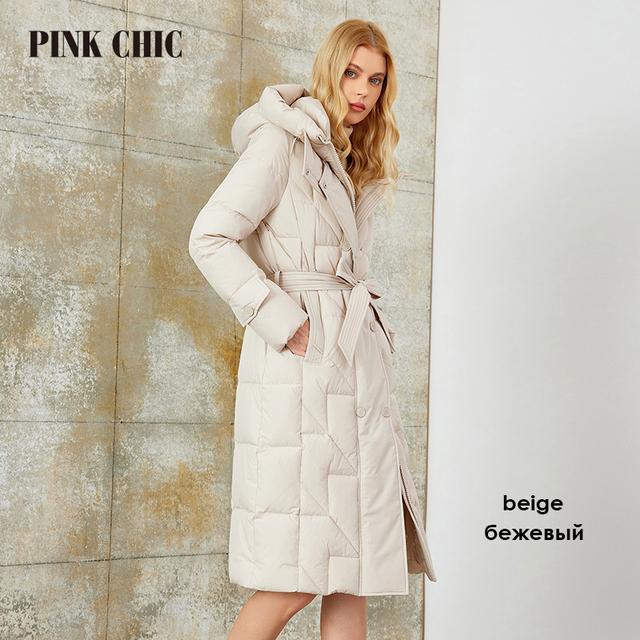 PINK CHIC 2023 New Winter Coat Women Down Jackets Fashion Classic Lace Up Warm Hooded Long Women's Casual Parka Female W6629