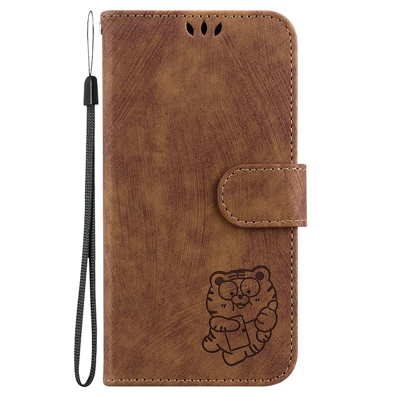 Skin Feel Embossed Cartoon Tiger Wallet Case for iPhone Samsung Xiaomi Huawei Google Hand-strap Flip Cover Full-body Protective Case