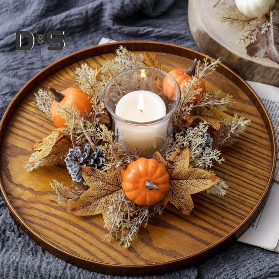 Thanksgiving Artificial Wreath Candle Ring Maple Leaf Pumpkin Pinecone Candle Holder Garland Harvest Festival Table Centerpiece Decoration
