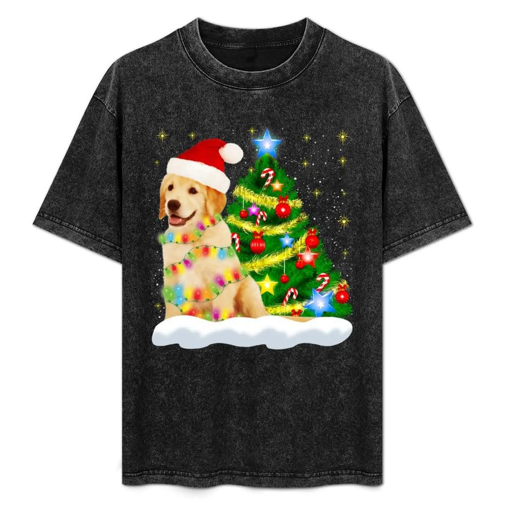 Щенок золотистого ретривера Рождественская гирлянда Праздники Подарок для жены мамы или девушки Футболка Кастомные Топы рубашки Мужчины