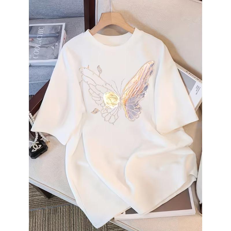 Celestial Moon Sun Butterfly Graphic T-Shirt Women’s Casual Crew Neck Short Sleeve Soft Comfortable for Summer Daily Wear