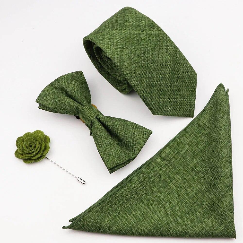 Комплект галстуков из 4 предметов, мужской, шалфейный зеленый, хлопковый галстук-бабочка, брошь-запонка, для костюма жениха, свадьба,
