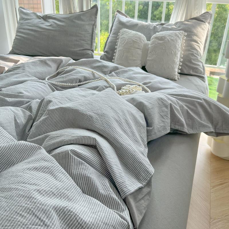 Striped Duvet Cover Set Quilt Set Ins Nordic Grey Bed Set Of Four Pieces, Home Luxury Bedding Set Bed Sheets