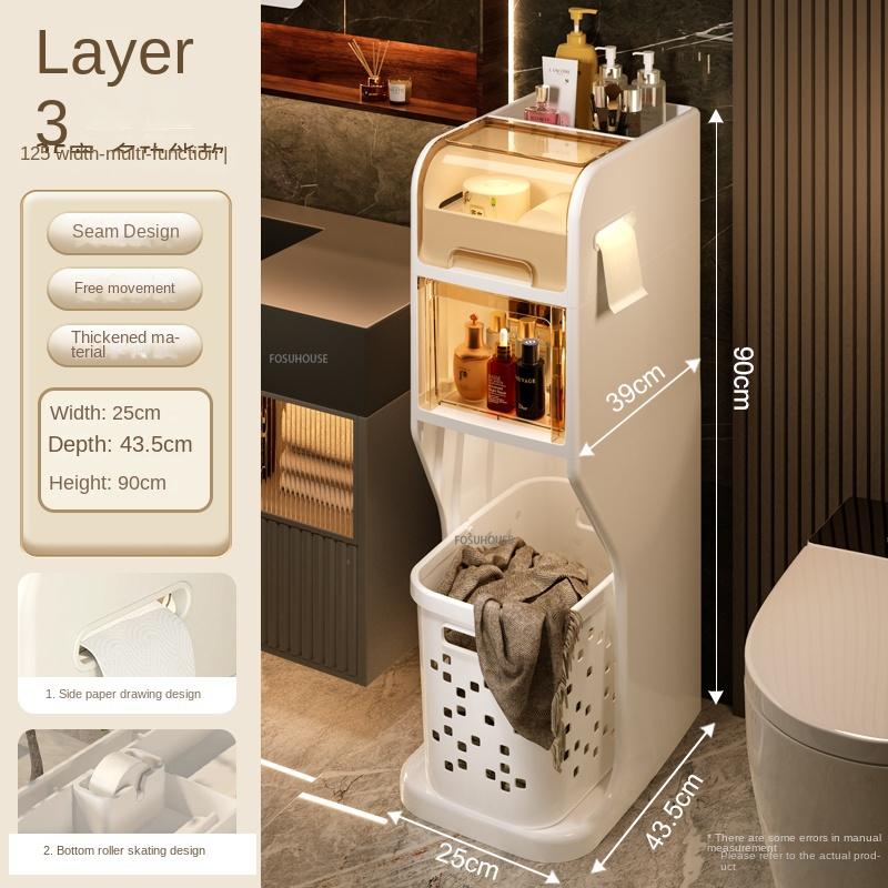 Bathroom Gap Storage Cabinet Toilet Mobile Storage Rack with Drawer Bathroom Organizer Floor Shelve with Dirty Clothes Basket