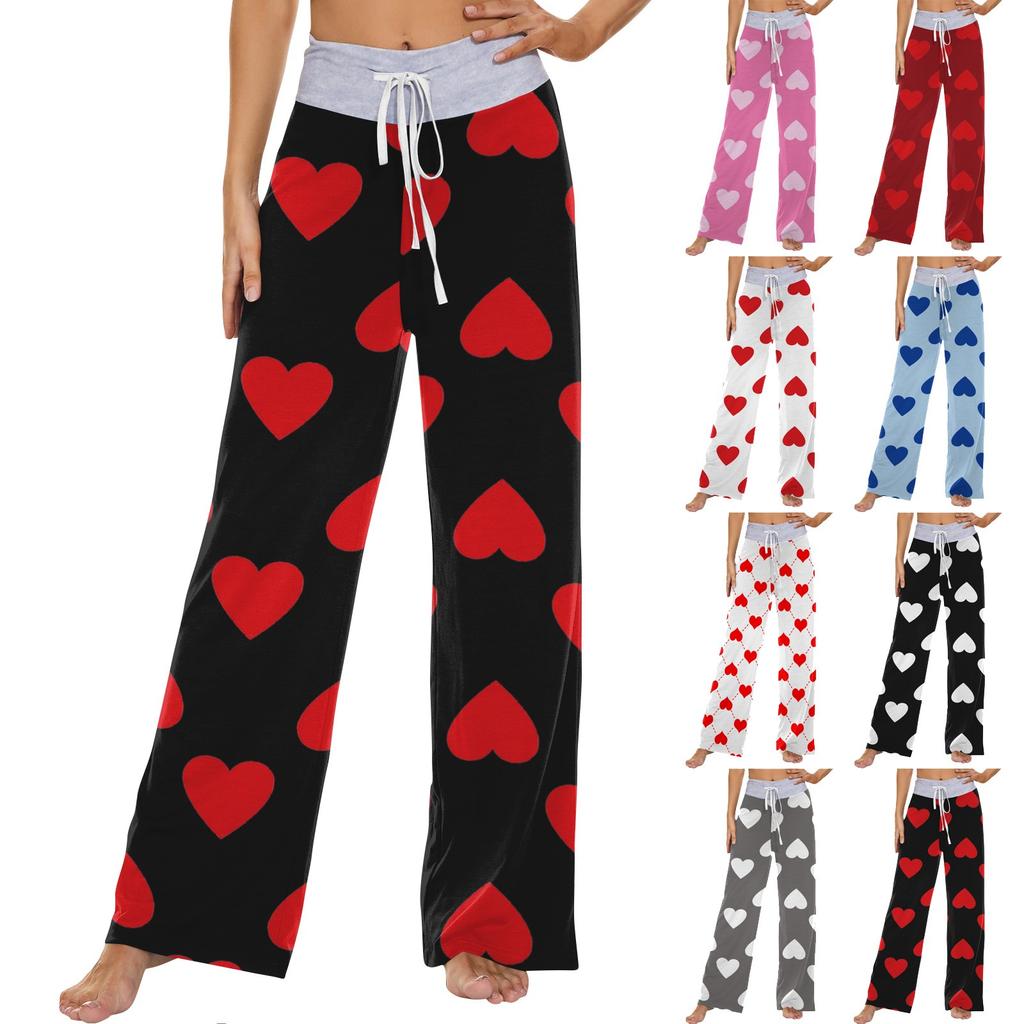 Women's Fashion Casual Comfortable Pajama Pants Love Printed Drawstring Wide Leg Pants Trousers