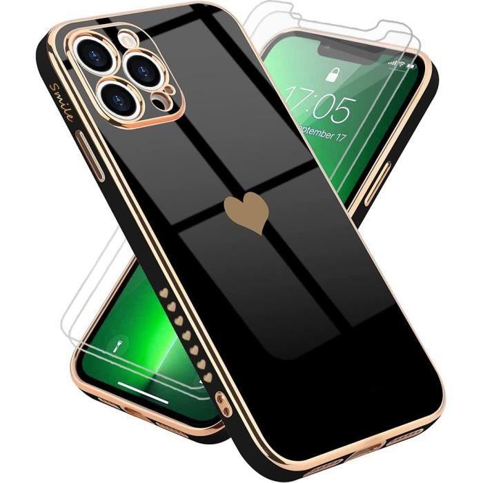 Coque de protection - Luxe - pour iPhone 13 Pro Max - Noir - Motif cœur - Lot de 2 verres trempés