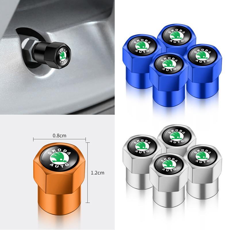 YJXH1 4Pcs Metal Car Wheel Tire Air Valve Caps Stem Covers For Skoda Octavia MK2 MK 2 3 A5 A7 A8 Fabia Karoq Superb Rapid Kamiq Scala