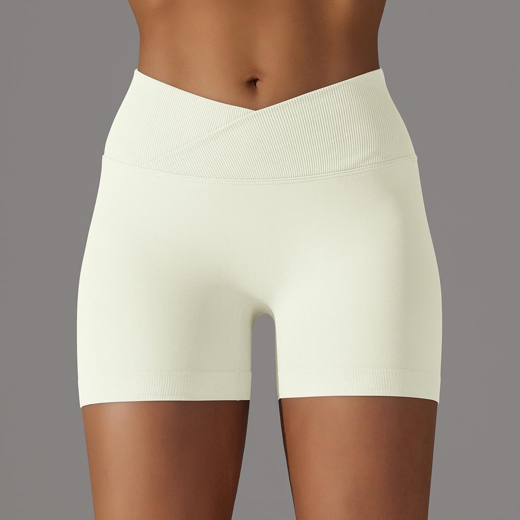 Seamless Knitted Breathable Solid Color Cross-waist Peach Hip Yoga Shorts Running Fitness Three-quarter Pants For Women