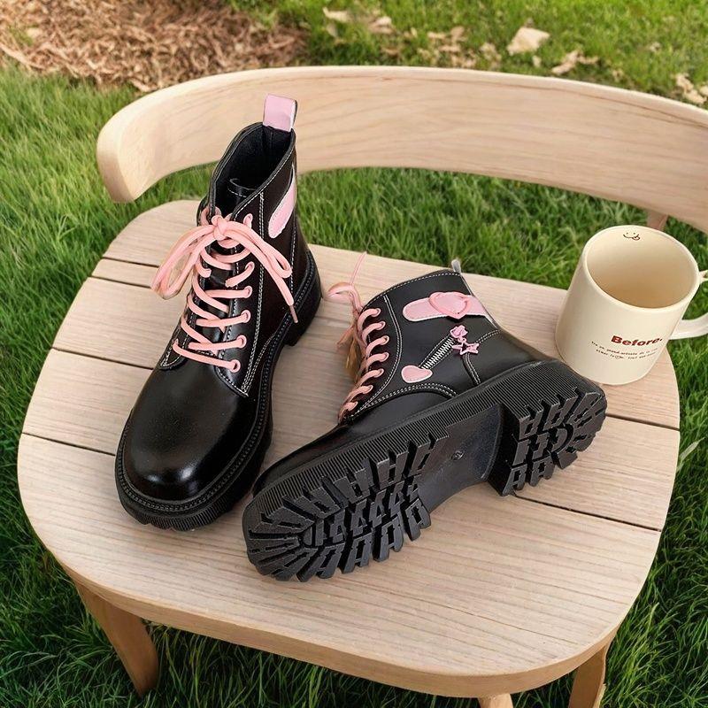 Женские ботинки Мода Осень Зима Новые Хлопковые Мягкая Подошва Розовые Ботинки Женская Любовь Боковая Молния Круглый Носок Готические Туфли на Платформе Для Женщин