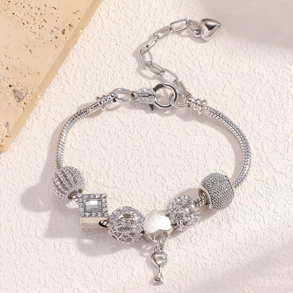 Женский универсальный браслет из нержавеющей стали с кристаллами, бусинами в виде замка любви и ключа