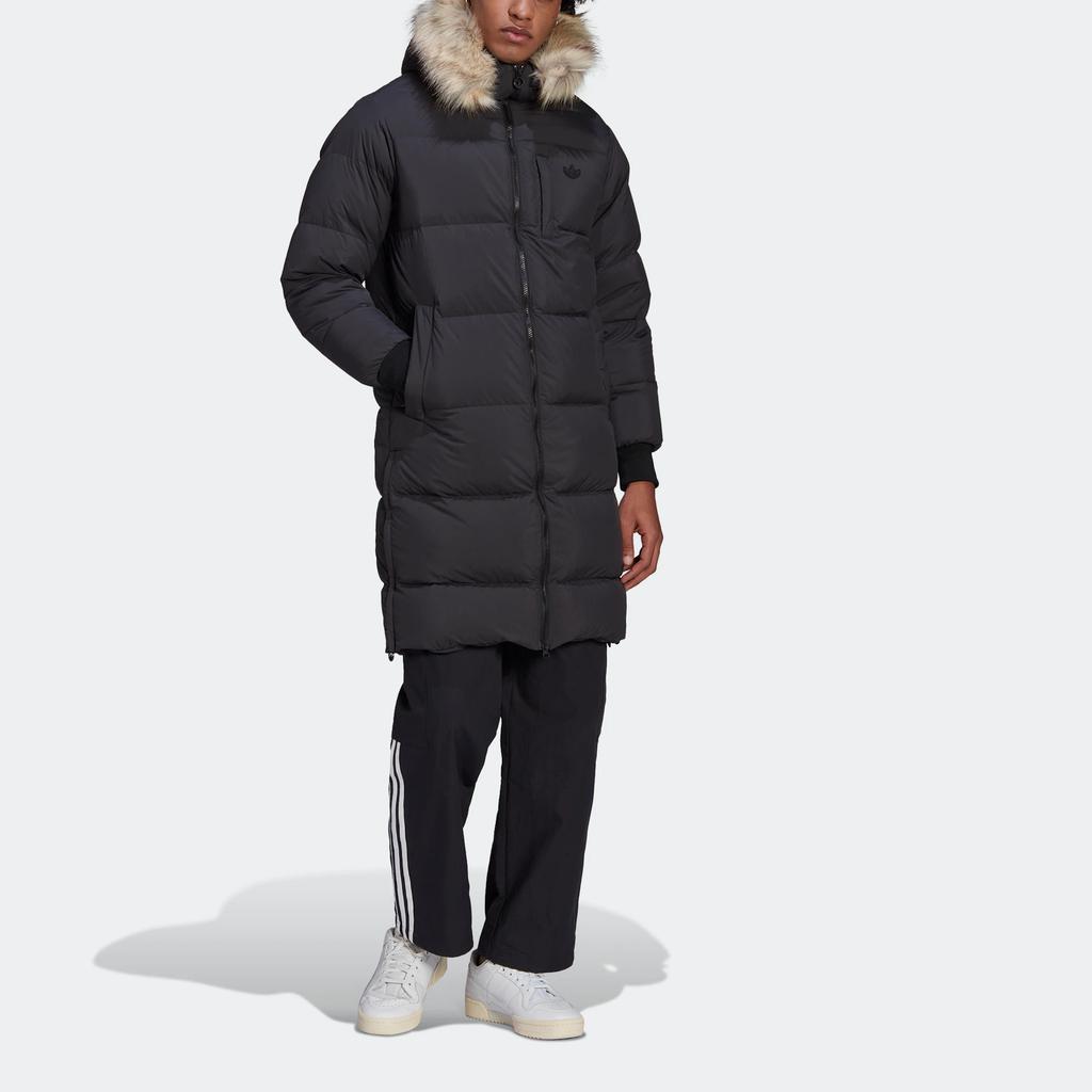 adidas Originals Trefoil Regen Puff Длинное однотонное пальто на утином пуху с капюшоном на молнии, мужская верхняя одежда, черный HL9194