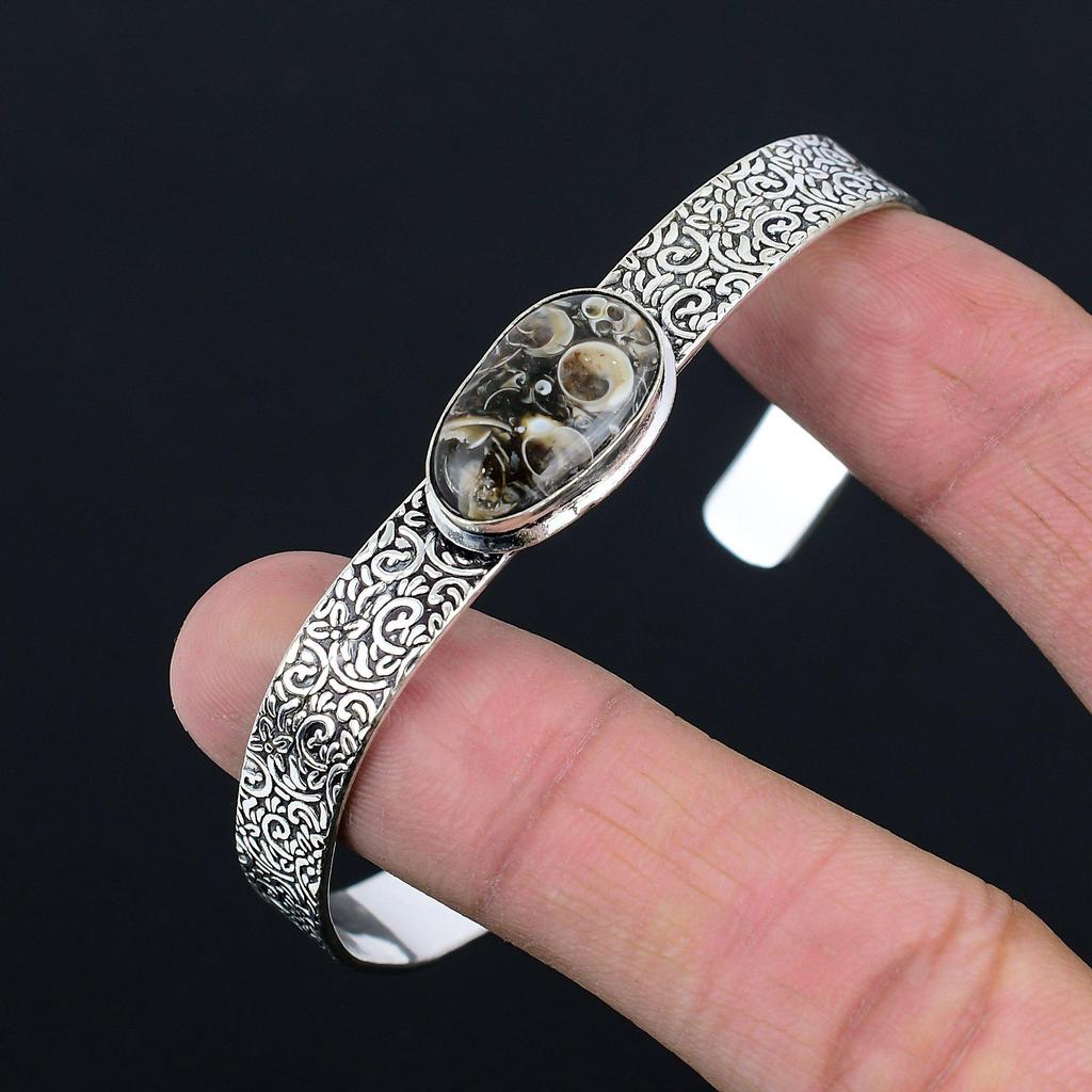 Daughters Day Deal 925 Sterling Silver Turritella Agate Stone Anniversary Bangle