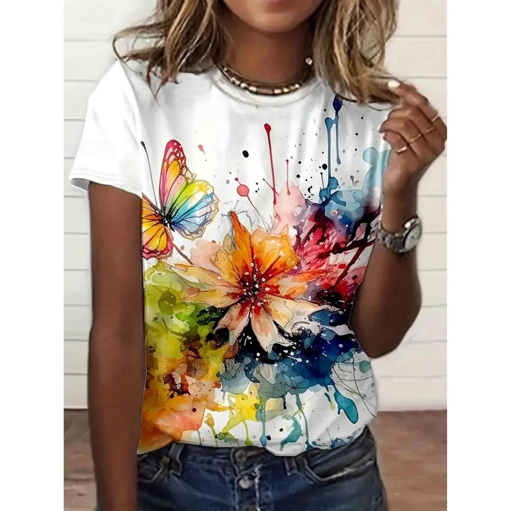 Summer Fashion Women's T-Shirt, Beautiful Floral, Casual Short Sleeve, Crew Neck, Regular Fit Top