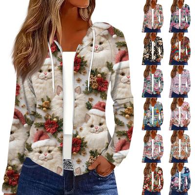 Женская модная повседневная куртка с капюшоном на молнии с рождественским принтом и длинными рукавами