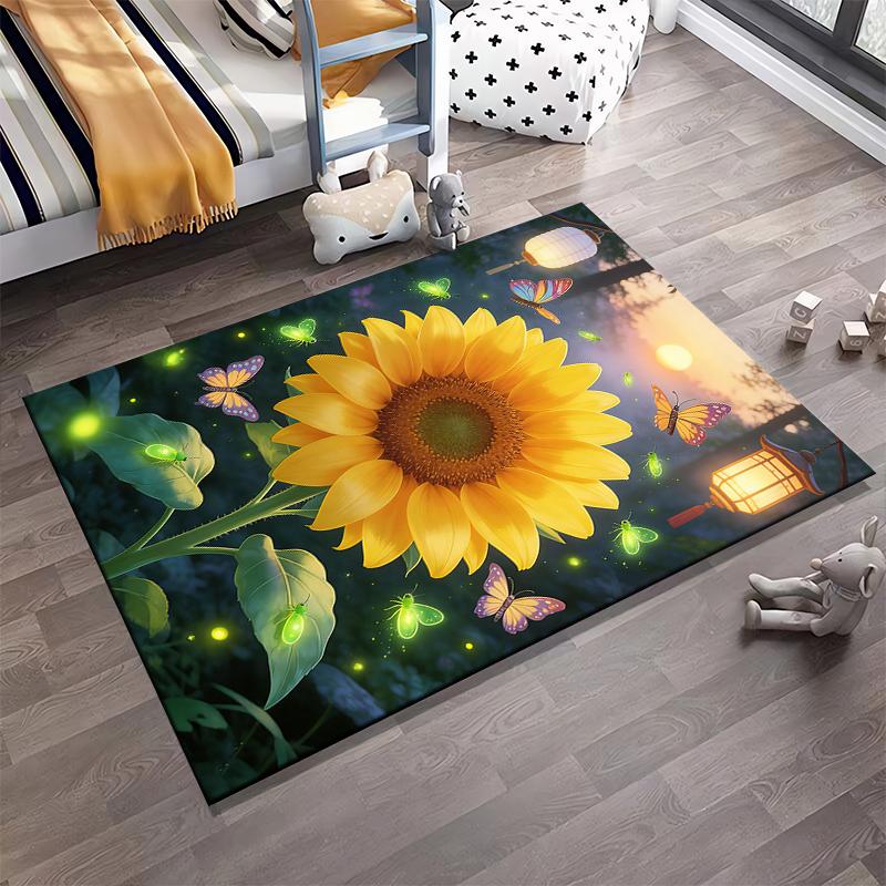 Sunflower Carpet with Butterflies and Fireflies, Glow Effect, Night Scene Suitable for use as an anti-slip for living room bedroom sofas