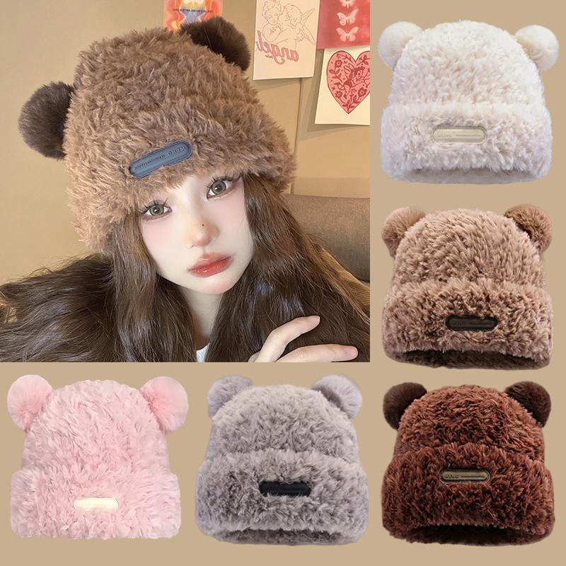 Women Winter Bear Ear Hat Knitted Plush Hat Solid Women Caps Novelty Beanies Caps Cute Casual Warm Hats