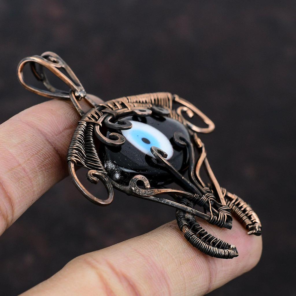 Подвеска с Глазом Фатимы черного цвета, обернутая медной проволокой, Подвеска с черепахой, Украшения из драгоценных камней, обернутые проволокой, Подвеска в стиле бохо ручной работы, Медные украшения