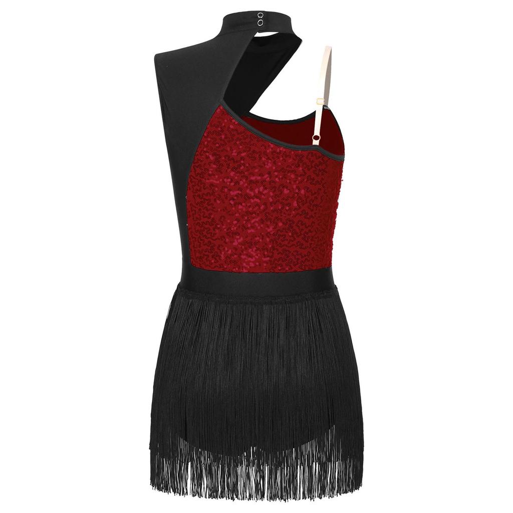 Womens Sleeveless Latin Dance Leotard Shiny Sequins Contrast Color Fringed Bodysuit for Dance Party Stage Performance