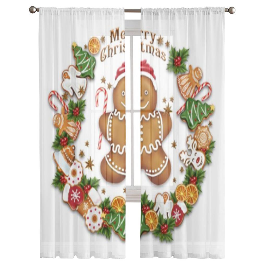 Christmas Curtains Gingerbread Man Candy Tulle Curtains For Living Room Bedroom Chiffon Sheer Voile Kitchen Curtain