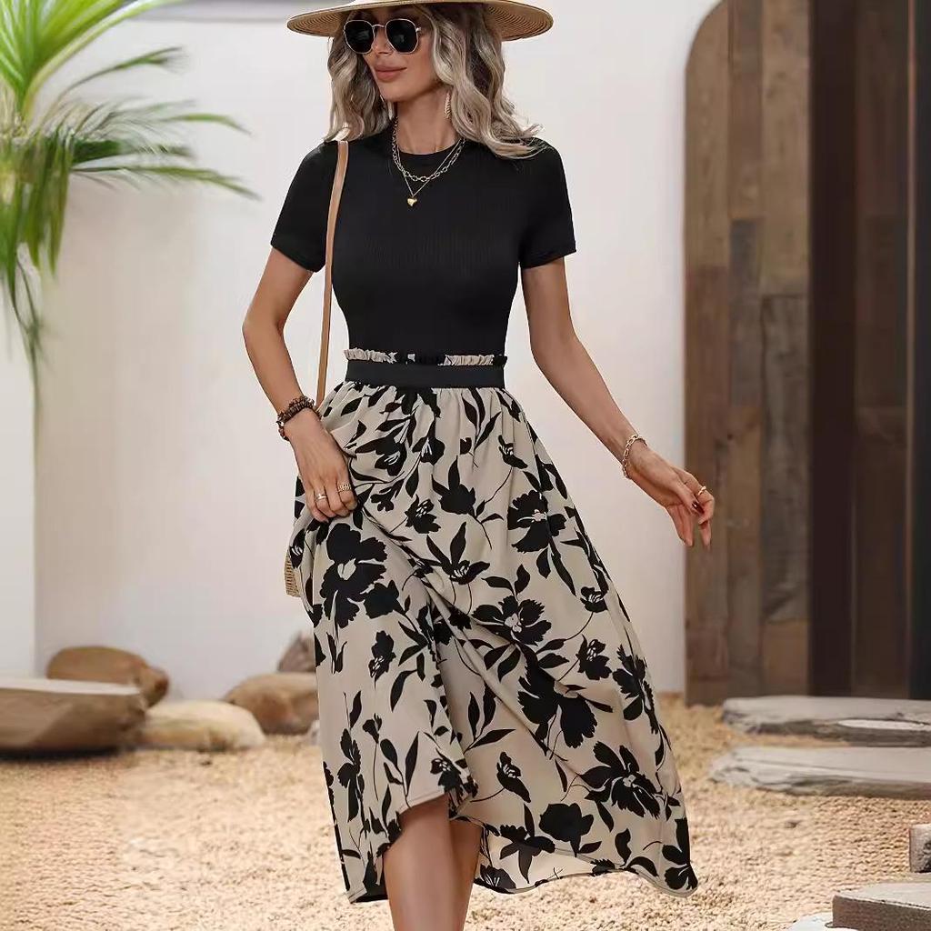 Женский комплект платья с круглым вырезом и цветочным принтом - Элегантный экзотический отпускной стиль для весны/лета 2025