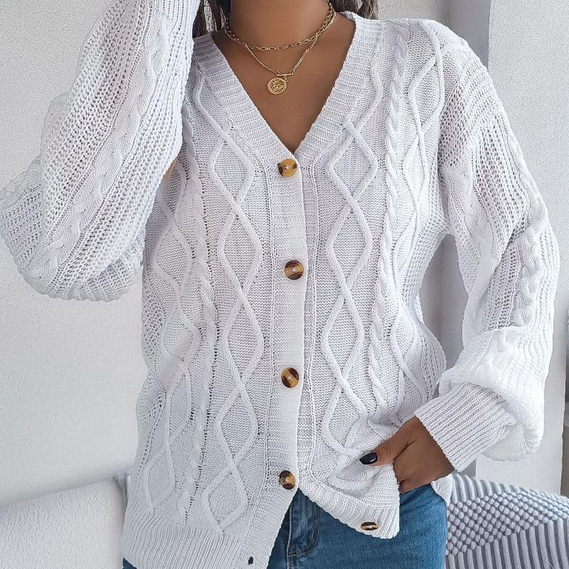 Autumn and Winter Casual V-neck Lantern Sleeve Cardigan Jacket Women Fashion Button Warm Knitted Cardigans Sweater Ladies Vintage Knitwear Coats 25137