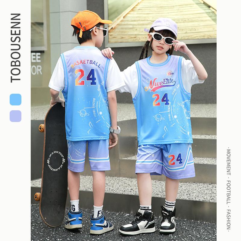 Wholesale of children's basketball clothes for boys and girls Printed kindergarten primary school students No. 24 jersey Light board performance