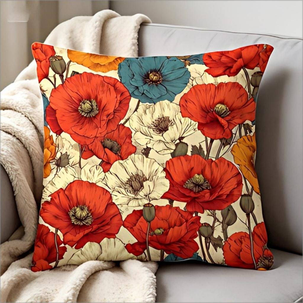Vintage Boho Poppy Floral Throw Pillow Cover Retro Red Blue Flower Print Decorative Cushion Case For Home Sofa Couch Decor Gift