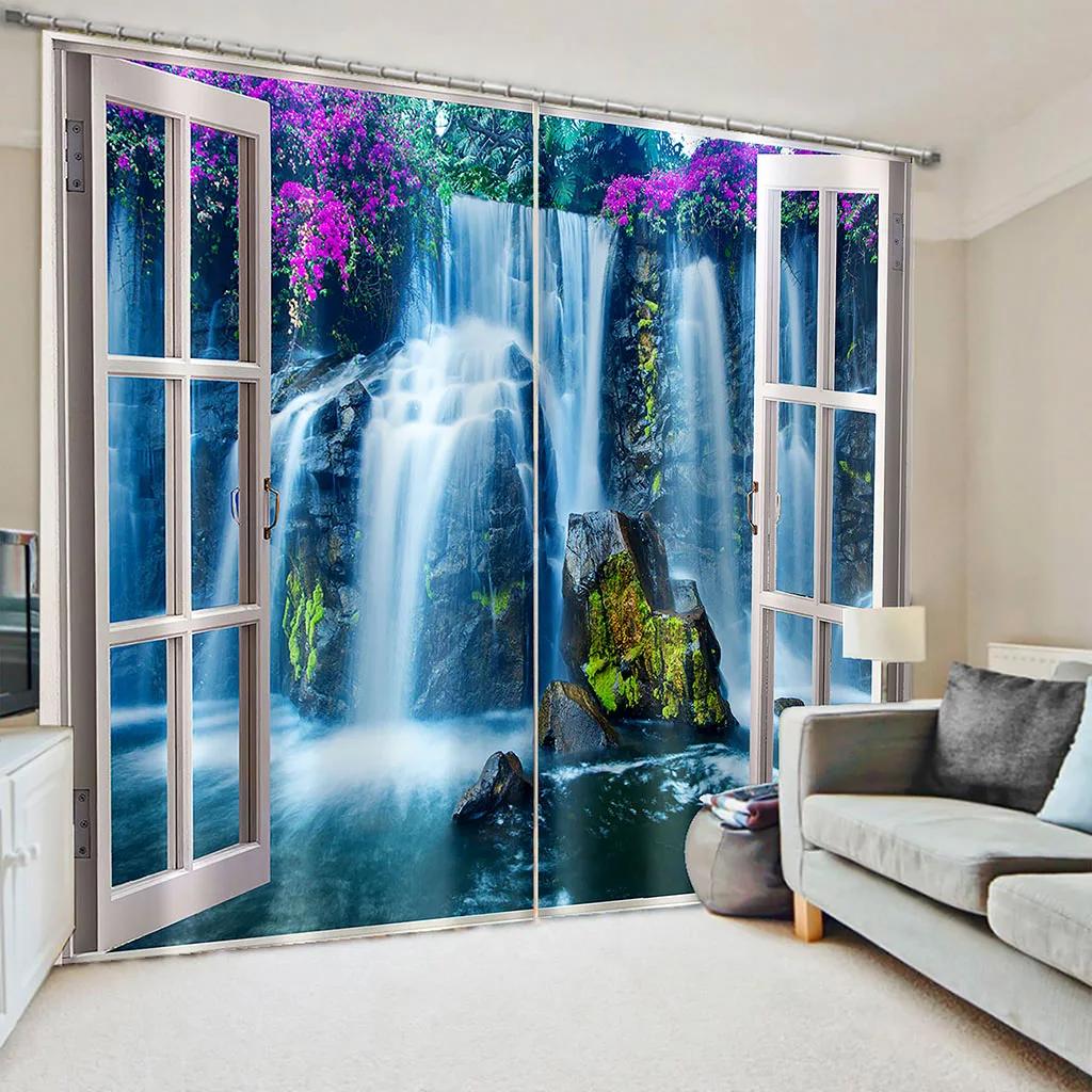 Лесные окна 3D Природа Пейзаж Пляж Море Дерево Зеленые шторы Оконные шторы для гостиной Спальня Кухня 2 шт Декор