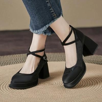 Распродажа модной женской обуви 2024 года, модные женские туфли-лодочки с ремешком на щиколотке, осенние туфли с круглым носком и пряжкой, сексуальное платье, массивный каблук, неглубокие туфли