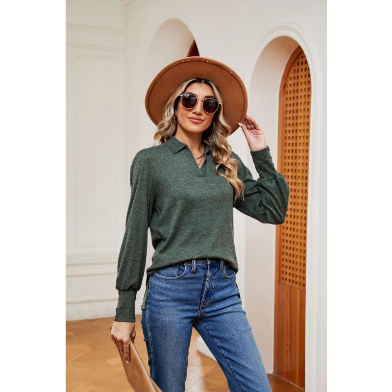 Spring and Autumn Women's Blouse Lapel Long Sleeve Button Loose Milled Long Sleeve Top